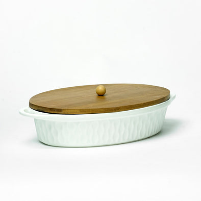 Modern White Oval Bowl White Bamboo Lid