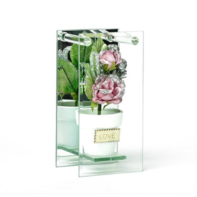 Shimmered Pink Rose In Mirrored Glass Display