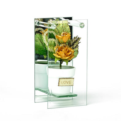 Shimmered Yellow Rose In Mirrored Glass Display