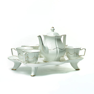 Classic White & Gold Teapot,6 Cups & A Unique Tray Set