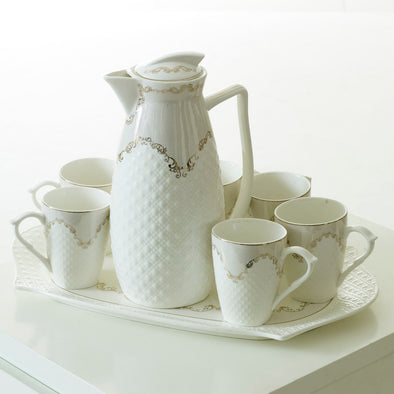 Delicate White Teapot,Mugs & Tray Set With Elegant Gold Detail