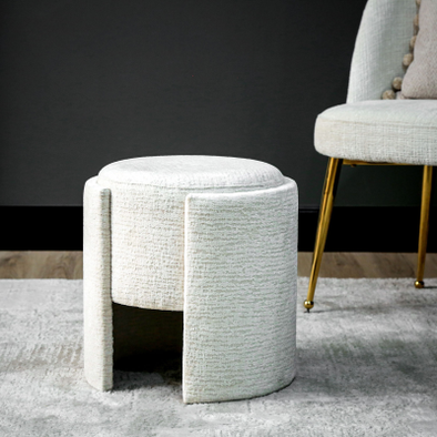 43cm Ivory Chenille Round Stool – Upholstered Accent Stool for Bedroom, Dressing Area & Living Room - L.H. (FN188-00-IV)