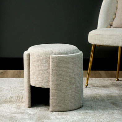 43cm Taupe Chenille Round Stool – Upholstered Accent Stool for Bedroom, Living Room & Dressing Area - L.H. (FN188-00-TP)