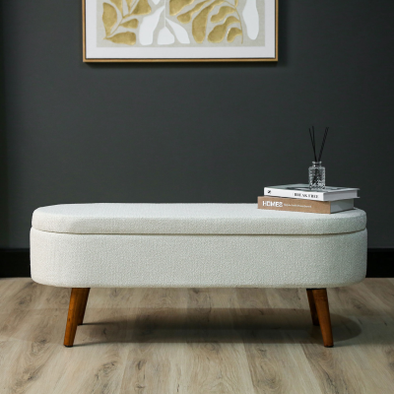 45.5cm White Boucle Storage Bench with Wooden Legs – Modern Upholstered Ottoman Seat with Hidden Storage - L.H. (FN186-00-WH)