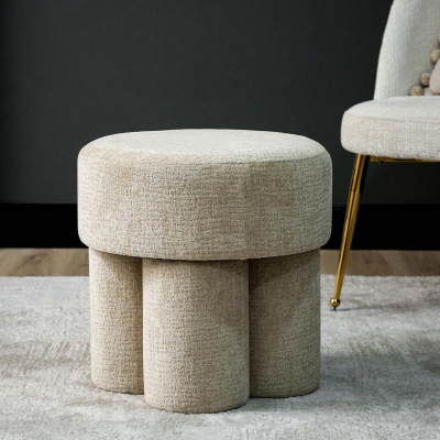 Modern 47.5cm Beige Chenille Round Stool | Padded Footrest & Ottoman - L.H. (FN189-00-BG)
