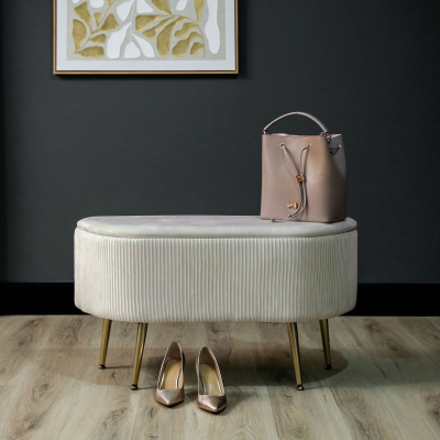 48cm Beige Velvet Storage Bench with Gold Legs – Modern Upholstered Ottoman Seat with Hidden Storage - L.H. (FN185-00-BG)