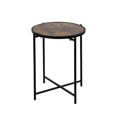 55cm Black Metal End Table with Brown Wooden Top - L.H. (MF466-00-BLBR)