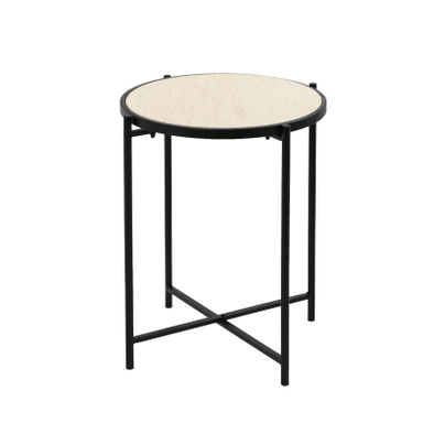 55cm Black Metal End Table with Travertine Marble Top - L.H. (MF466-00-MBL-BL)