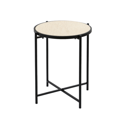 55cm Black Metal End Table with Travertine Marble Top - L.H. (MF466-00-MBL-BL)