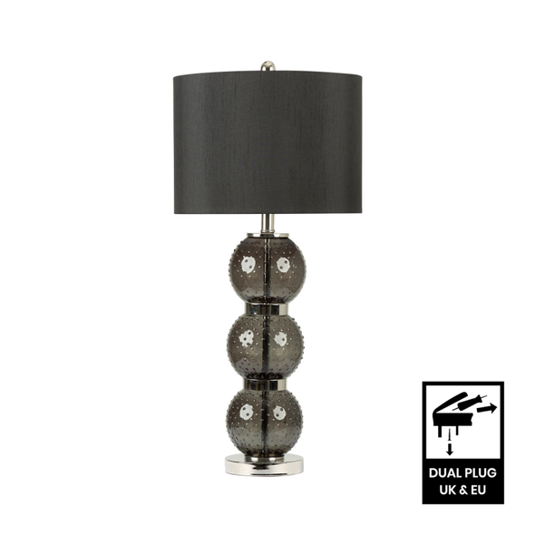 71cm Clear Black Glass Table Lamp with Black Faux Silk Shade - LH