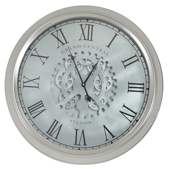 Round 52.5cm Silver Gears Wall Clock with Roman Numerals-C.M