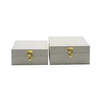 Set of 2 White Faux Litchi Jewellery Boxes with Shiny Gold Face Handle - LH