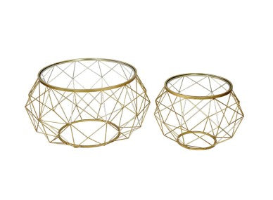 Set of 2 Gold Metal Mesh Coffee Table with Glass Top- LH