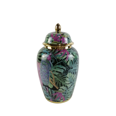 32.8cm Green and Pink Palm Leaves Design Ginger Jar - LH