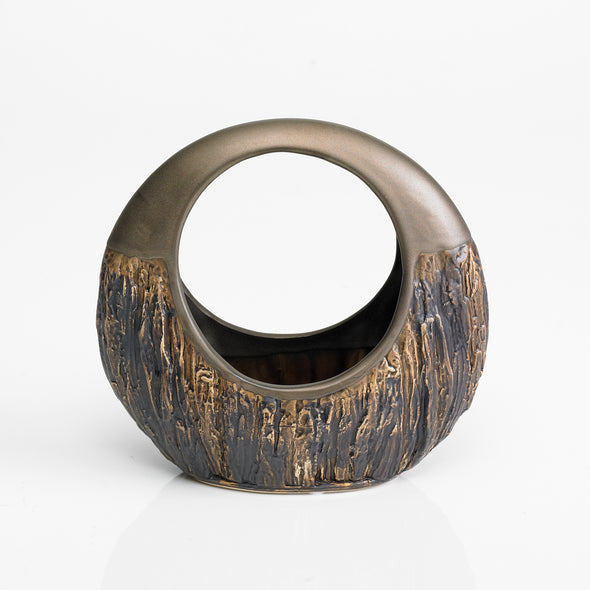 Brown Wood Grained Round Vase Sculpture