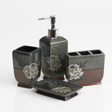 Sheesham Mahogany/Khaki Flower Engraved Bathroom Accessory Set Of 4