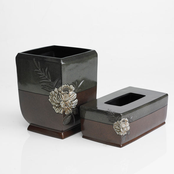 Sheesham Mahogany/Khaki Flower Engraved Bathroom Accessory Set Of 2