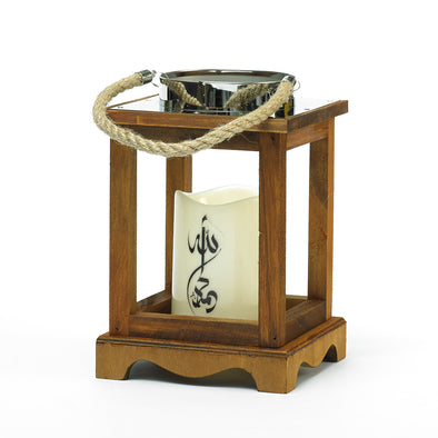 Wooden Lantern With Painted Arabic Script Led Candle