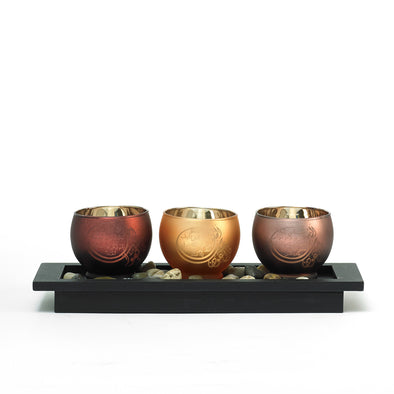 Metallic Bronze Candle Holder Bowl With Arabic Scripture & Decorative Pebble Tray