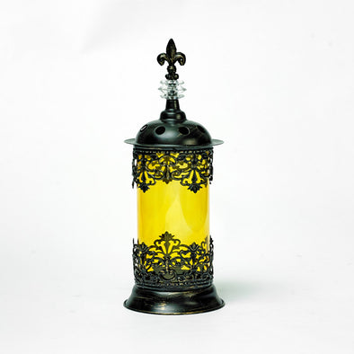 Intricate Black Designed Amber Glass Moroccan Lantern