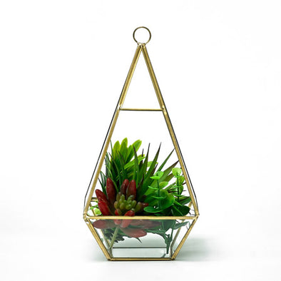 Gold Edged Glass Hanging Terrarium With Artificial Succulent Plant