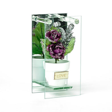 Shimmered Purple Rose In Mirrored Glass Display