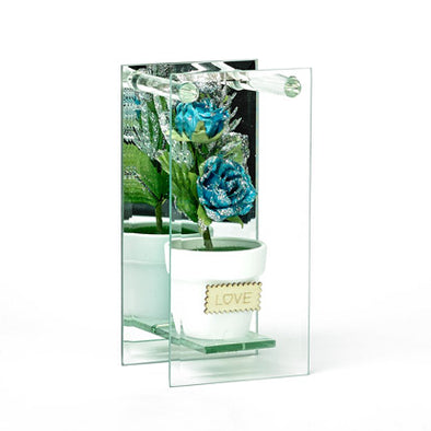 Shimmered Teal Rose In Mirrored Glass Display