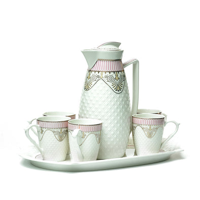 Delicate White Teapot,Mugs & Tray Set With Pink & Gold Detail