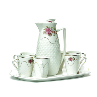 Delicate White Teapot,Mugs & Tray Set With Pink Rose Detail