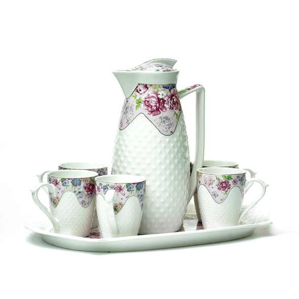 Delicate White Teapot,Mugs & Tray Set With Lilac/Pink Rose Detail