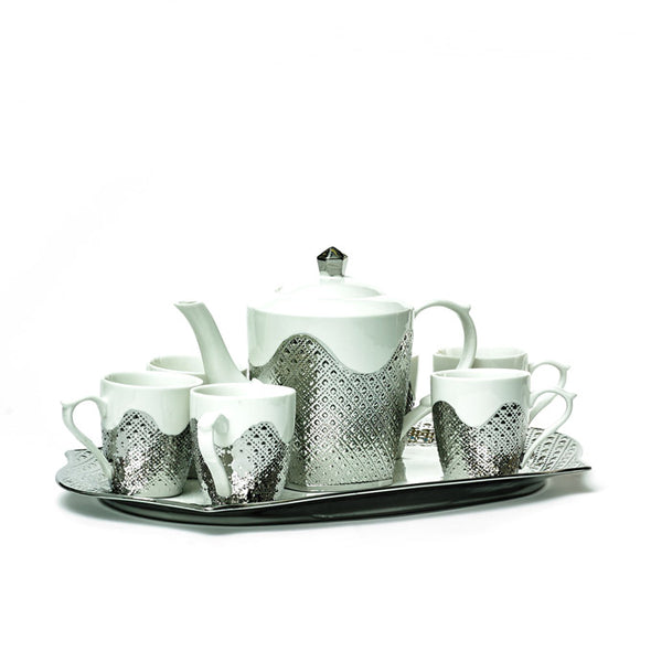 Bohemian Silver & White Teapot,Mugs & Tray Set