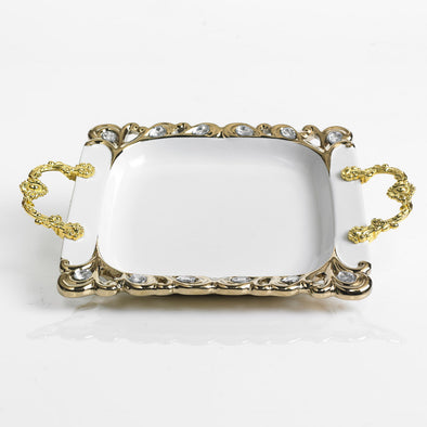 Majestic White & Gold Diamante Embellished Platter With Gold Handles