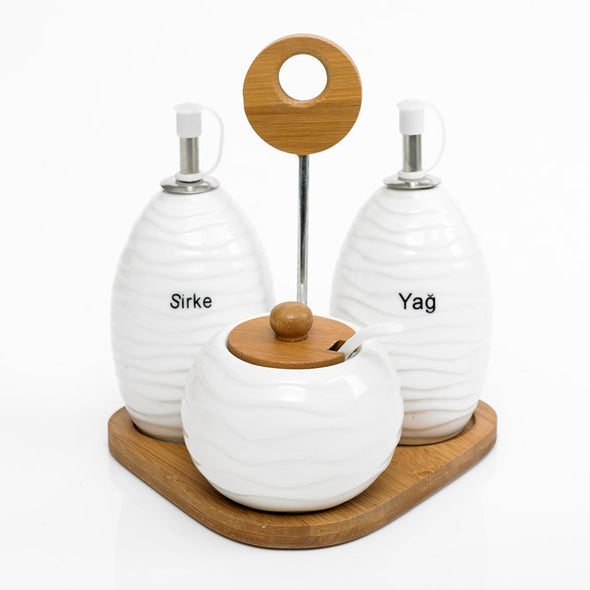 Modern Bamboo Oil Vinegar Cruets & Relish Bowl Set