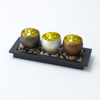 Metallic Candle Holder Bowl With Arabic Scripture & Decorative Pebble Tray